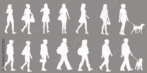 Silhouettes of people and a dog in various walking poses against a gray background