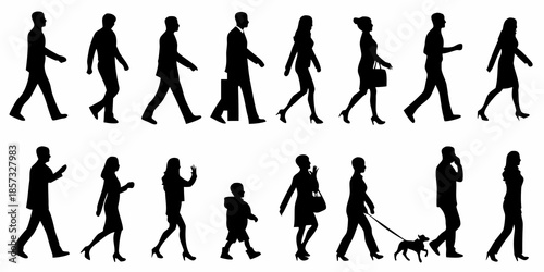 Silhouettes of people walking in various poses and with a dog