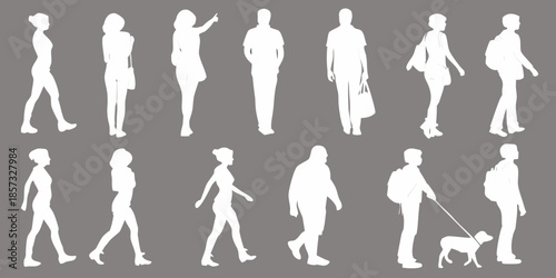 Silhouettes of people in various poses and walking with a dog