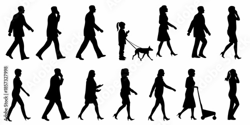 Silhouettes of diverse people walking including a child with a dog