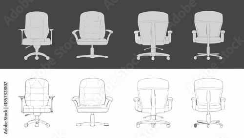 Four views of an office chair front side perspective and back