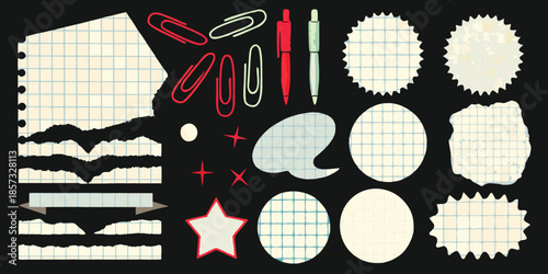 Stationery collection featuring paper clips pen and various shapes on black