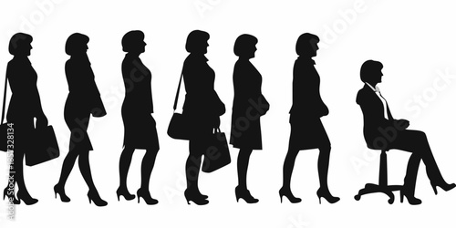 Silhouette of women in business attire walking and seated in a row