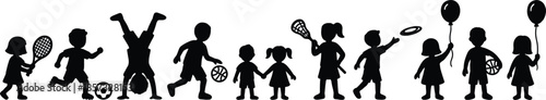 Set of Children Silhouette Illustrations Playing Different Sports Including Tennis, Soccer, Basketball, and Lacrosse with Balloons and Frisbee Isolated on White Background,