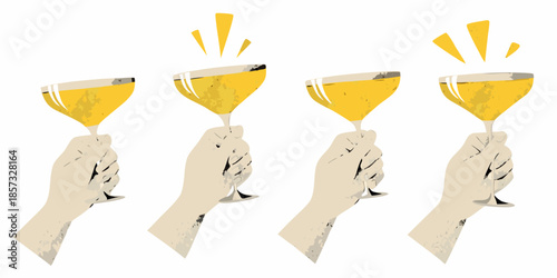 Four hands holding up filled champagne coupes with celebratory bursts
