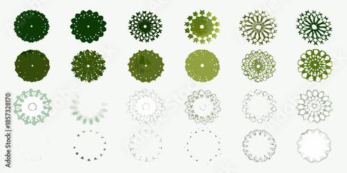 A collection of unique circular tree canopy designs in varying shades of green
