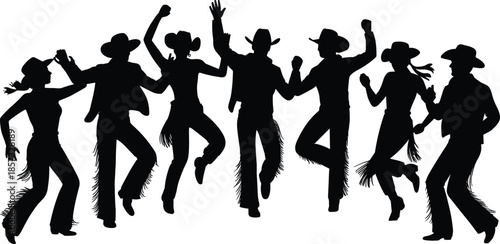 Group of dancing cowboys and cowgirls silhouettes, western style, country dance, cowboy hats, fringe clothing, energetic movement, celebration, outdoor party