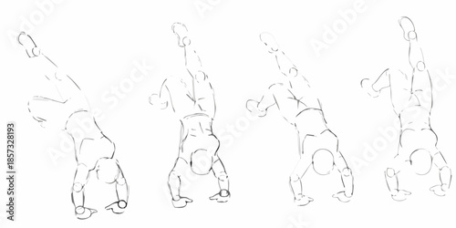 Sketch of a person performing a series of handstand and backbend poses