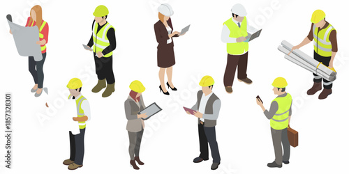 Isometric illustration of diverse construction workers and professionals collaborating on projects