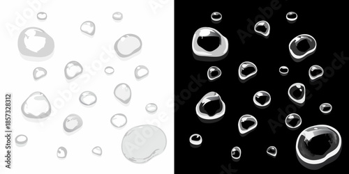 Water droplets in contrasting black and white showcasing reflection and form