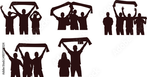 Group of football fans, cheering crowd silhouette, soccer supporters with scarf, excited people celebrating team victory, black vector illustration