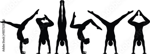 Set of Female Gymnast Silhouettes Performing Various Handstands and Acrobatics Poses, Isolated on White Background for Sports, Fitness, and Gymnastics Graphic Design,