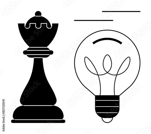 Strategy, innovation, leadership, problem-solving, creative thinking, abstract concepts. Black chess queen and light bulb design in bold graphic style. Strategy and innovation conceptual