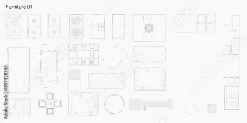 Overhead view of furniture arrangement plans and various room layouts
