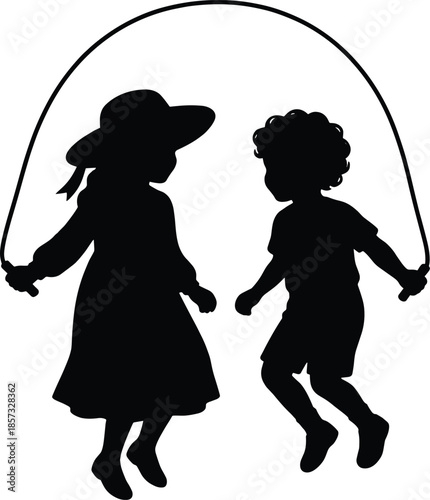 Silhouette of a Boy and Girl Jumping Rope Together, Isolated on White Background for Childhood Play, Healthy Lifestyle, and Summer Recreation Design,