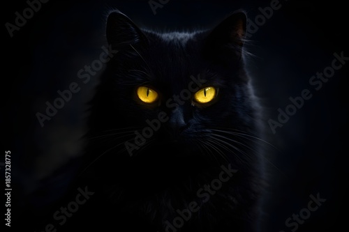 A black cat with piercing yellow eyes emerges from the shadows, creating a mysterious and captivating gaze