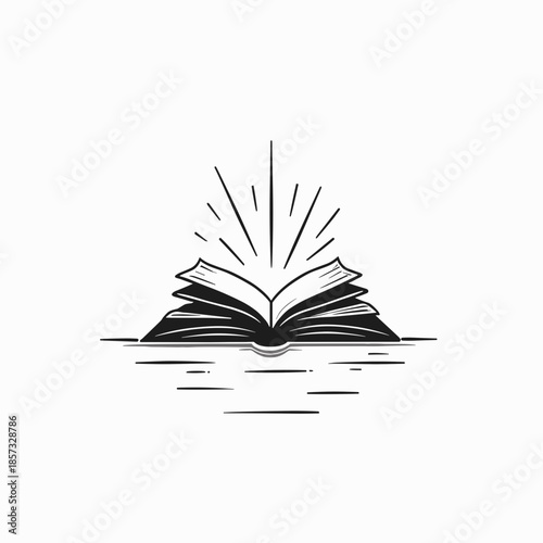 Icon of an open book radiating knowledge, illustrated in a minimalist black and white style
