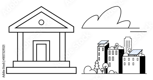 Renewable energy, urbanization, sustainable development, architecture, green technology, eco-friendly design. Traditional building with modern buildings having solar panels. Renewable energy