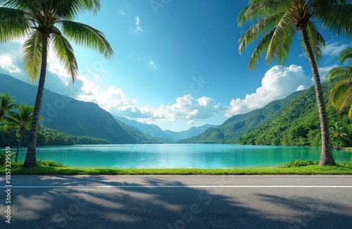 Calm turquoise water body bordered by rich green hills under blue sky with clouds. Palm trees frame view with road foreground. Serene natural beauty vacation spot.