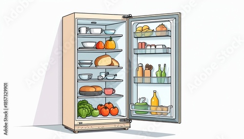 Open refrigerator is full of groceries and food items. It contains fresh fruits, vegetables, bread, eggs, dairy, and drinks. Kitchen appliance shows organised storage of edibles.