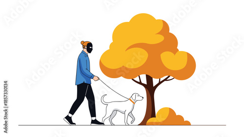 Mysterious scene of a man wearing a mask walking his white dog past a large yellow tree in a quiet park at night.