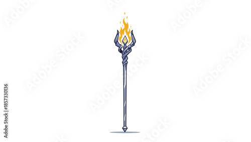 Ornate pixel art fantasy staff made of metal with a glowing orange flame burning at the tip for magical combat or rituals.