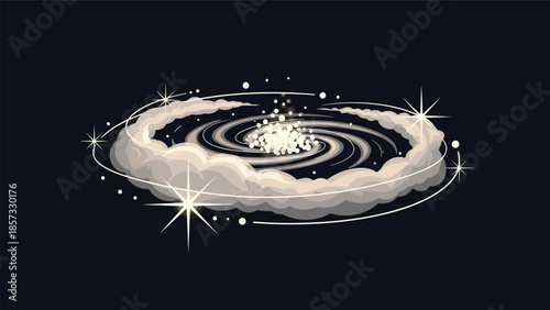 Vast spiral galaxy illustration with dust clouds and bright stars swirling around a glowing galactic center in the deep cosmos.