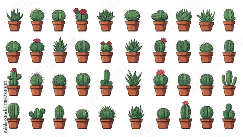 Large set of various pixel art cacti and succulents in small brown pots featuring different shapes, sizes, and occasional red flowers.