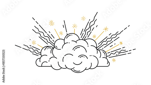 Exploding cartoon cloud with stylized lines and stars representing a loud sound or physical impact on a white background.