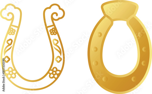 Gold horseshoe vector illustration with lucky symbols and decorative elements on a white background, perfect for luck concept