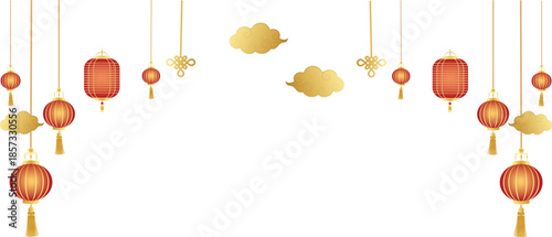 Chinese New Year Decorations with Lanterns and Golden Clouds Festive Holiday Background on White Ideal for Greetings Cards and Celebration Designs