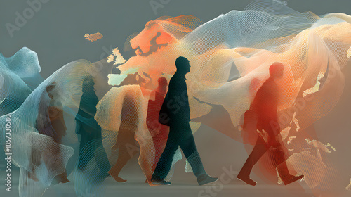 Walking figures overlaid on abstract world map visualizing global mobility and cultural diversity