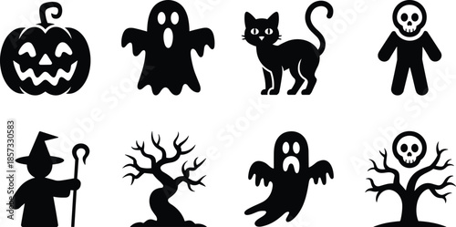 Halloween silhouettes of pumpkin, ghost, black cat, skeleton, witch, haunted tree, spooky elements, perfect for decorations, party, vector icons