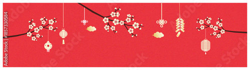 Red Background Asian Lunar New Year Illustration with Cherry Blossoms Lanterns Firecrackers and Decorations