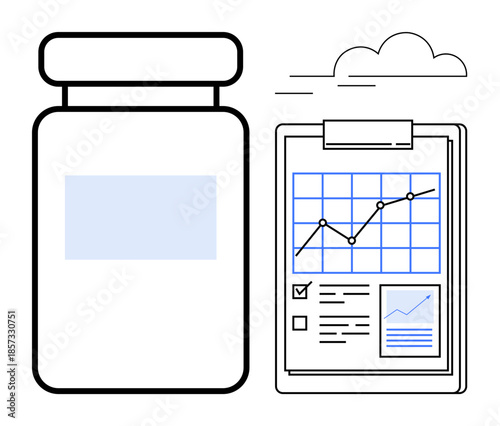 Healthcare, data analysis, medical research, pharmaceutical development, health management, industry statistics. Medicine bottle next to clipboard with graphs and charts. Healthcare and data analysis
