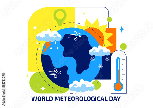World Meteorological Day Vector Illustration on March 23 Featuring Earth Map Meteorological Science Weather Research Flat Style Background