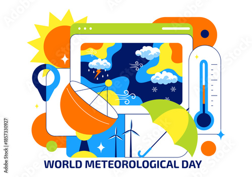 World Meteorological Day Vector Illustration on March 23 Featuring Earth Map Meteorological Science Weather Research Flat Style Background