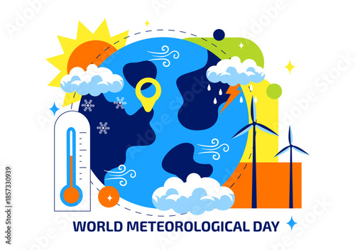 World Meteorological Day Vector Illustration on March 23 Featuring Earth Map Meteorological Science Weather Research Flat Style Background