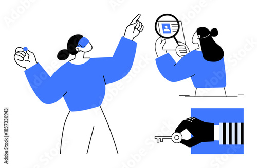 Identity verification concept. Identity verification icons include biometric data, user access, and key-based security. Identity verification enhances user safety and data protection. For fintech