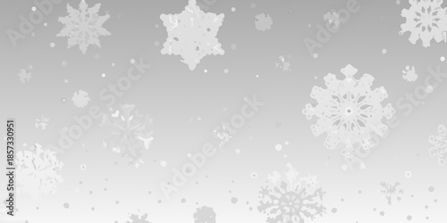 A grayscale background featuring a delicate snowfall of various snowflakes