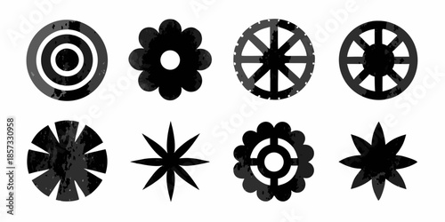 A collection of eight black and white circular patterned designs