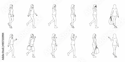 Line art depiction of women walking in various poses and stylish outfits