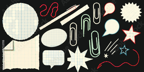 Stationery elements scattered on a black background a colorful office supply collection