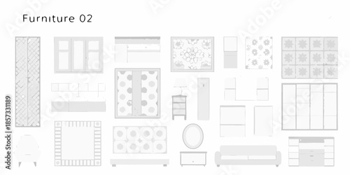 Overhead view of furniture arrangement and design elements in neutral tones
