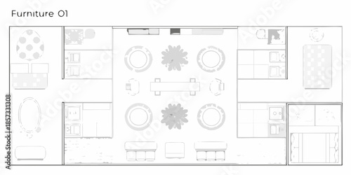 Top down view of furniture arrangement for a modern dining and living space