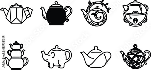 Collection of various teapot designs and styles in black and white