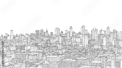 Densely packed metropolitan city skyline with multiple skyscrapers vector sketch