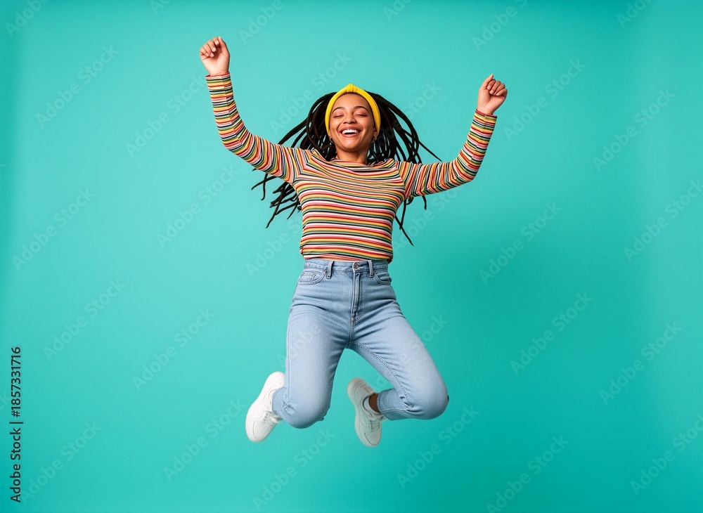 Fototapeta premium A joyful young woman jumping joyfully with her arms raised in celebration