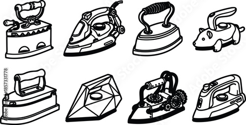 Vintage and modern iron illustrations for household chores and laundry tasks