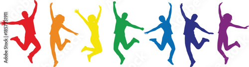 Colorful jumping silhouettes, rainbow people vector, energetic pose clipart, diversity concept, celebration, youth, dance, motion, vibrant, fun